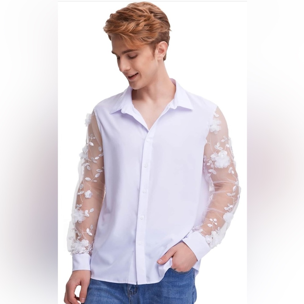 WDIRARA men’s size medium button front shirt white mesh floral long sleeves new
